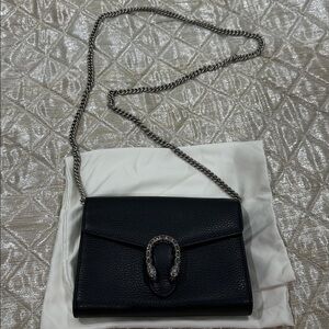 Gucci Mini Dionysus Black Leather Bag with Silver Chain